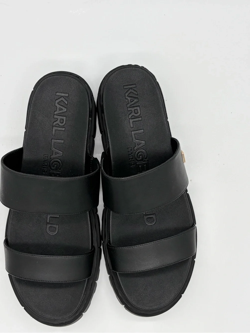 Karl Lagerfeld Black Double-Strap Lug Sole Slide Sandals